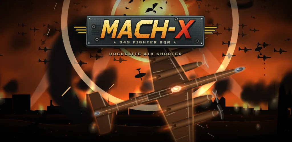 Mach-X logo over a twin-engine warplane banking across a burning city, the sky full of bomber squadrons